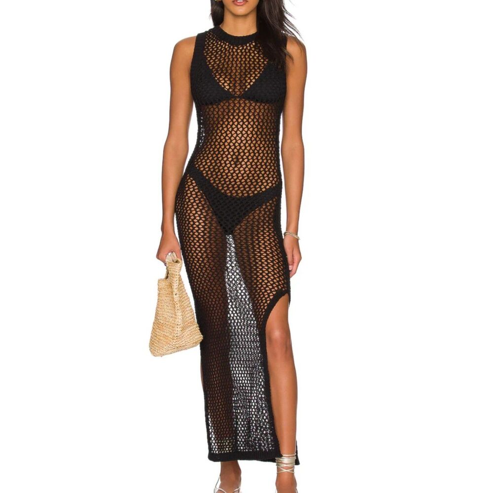 Beach Riot Holly Dress Black Crochet Maxi Cover Up Size S Open Back